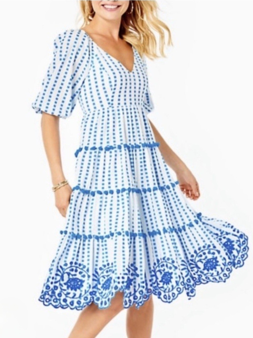 Lilly Pulitzer White & Blue V-Neck Tiered Midi Dress